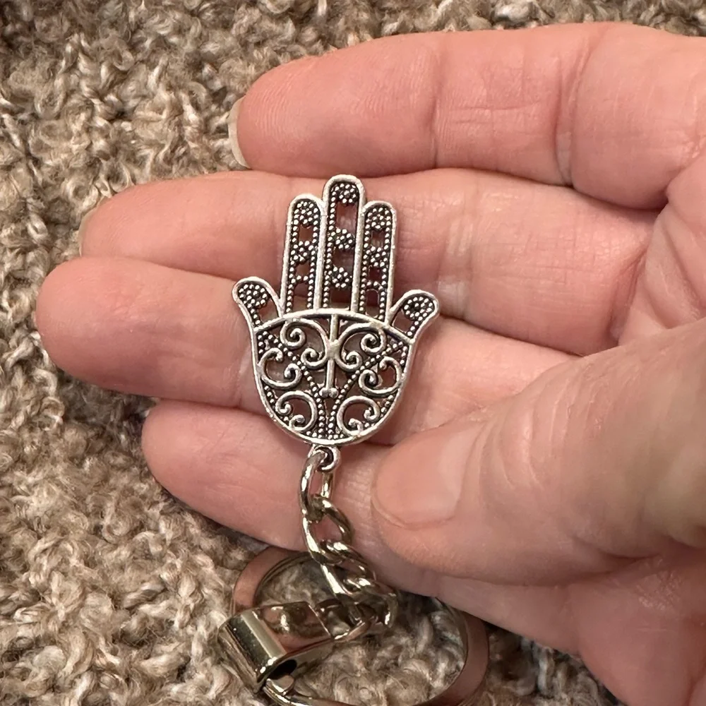 Hamsa hand keychain bag charm silver intricate metal dangling